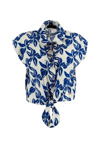 Blusa a maniche corte color crema con un motivo floreale blu, caratterizzata da una chiusura a bottoni e un dettaglio di orlo annodato per una vestibilità rilassata.