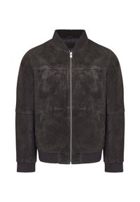 Mörkbrun mocka bomberjacka med ribbad krage och muddar. Har en framfickslåning, sidofickor och en slät textur.