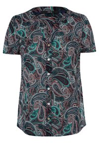 Chemise à manches courtes à boutons présentant un motif paisley multicolore avec des nuances de bleu-vert, rouge et noir sur un tissu léger.