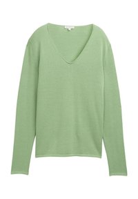 Pull long à manches longues de couleur vert clair avec un décolleté en V profond. Fabriqué en tissu tricoté doux, il présente une texture côtelée et une coupe décontractée. Pas de matériel visible.