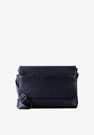 Black leather messenger bag with a flap closure, adjustable strap, and front pocket. Smooth texture and minimalistic design.