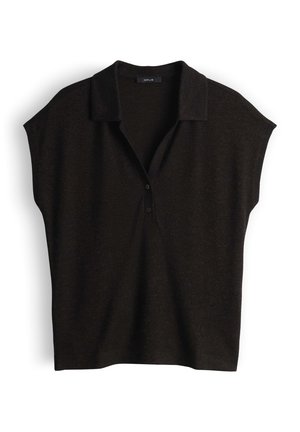 Black short-sleeve polo shirt with collar and two-button placket, displayed flat against a white background.