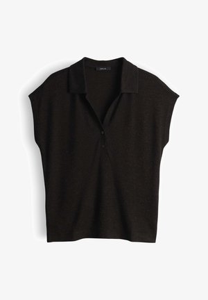 Black short-sleeve polo shirt with collar and two-button placket, displayed flat against a white background.