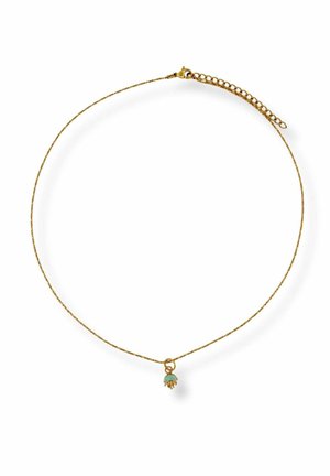 Delicate gold chain necklace with a small turquoise and gold flower-shaped pendant and adjustable clasp.