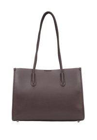 Smeđa kožna torba za nošenje na ramenu s dvostrukim naramenicama, pravokutnog oblika, glatke teksture, s minimalnim metalnim detaljima, s diskretnim logotipom sprijeda.