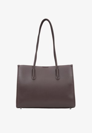 Brown leather tote bag with double shoulder straps, rectangular shape, smooth texture, minimal hardware, featuring subtle branding on the front.
