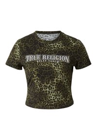 Oříznuté tričko v olivově zelené barvě s leopardím potiskem, na hrudi je bílé logo z kamínků s nápisem "TRUE RELIGION".