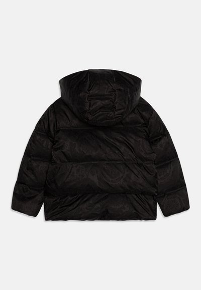 Black puffer jacket with a hood, featuring a quilted design and subtle floral texture. Soft, smooth fabric with a relaxed fit and long sleeves.