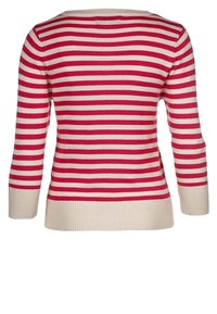 Maglione a righe rosse e crema con maniche a tre quarti, scollatura ampia e polsini e orlo a coste. Tessuto morbido e lavorato a maglia per il massimo comfort.