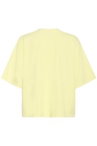 Lysegul kortærmet oversized T-shirt med rund halsudskæring, vist fladt set fra bagsiden.