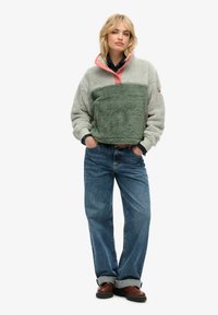 Pull-over en polaire gris clair avec un panneau avant vert foncé, doté d'un col montant, de boutons, de poches latérales et de manches retroussées. Associé à un jean bleu.