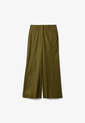 Pantalon ample vert olive avec passants de ceinture, fermeture éclair à l'avant et poches latérales, présenté à plat sur un fond blanc.