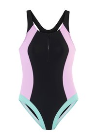 Melnās, lilaku un piparmētru krāsas krāsu bloku peldkostīms ar izsistām priekšpusē, platām siksnām un augstu kāju dizainu. Izgatavots no elastīga auduma komfortam.