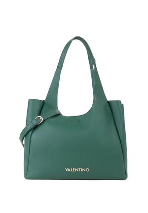Borsa a tracolla verde in pelle con finitura testurizzata, due manici e una fibbia regolabile. Presenta il logo dorato "VALENTINO" sul davanti.
