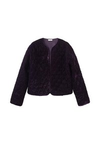 Giacca trapuntata viola con collo rotondo e maniche lunghe; presenta una texture di tessuto morbida e un'apertura frontale senza chiusura.