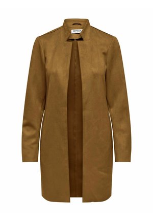 Chaqueta de ante sintético marrón, con un diseño sin cuello, mangas largas y un frente abierto. Textura suave y detalles de estilo minimalista.