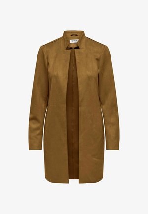 Chaqueta de ante sintético marrón, con un diseño sin cuello, mangas largas y un frente abierto. Textura suave y detalles de estilo minimalista.