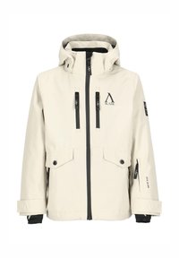 Hellbeige wasserdichte Jacke mit Kapuze, schwarzen Akzenten, Reißverschlusstaschen und verstellbaren Manschetten mit dem Markenlogo "SLADE".