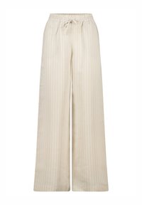 Beige wide-leg pants with a soft texture, featuring a striped pattern and an elastic waistband with a drawstring closure.
