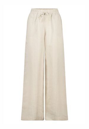 Pantalons larges beige en texture douce, avec un motif rayé et une taille élastique avec un lien de serrage.