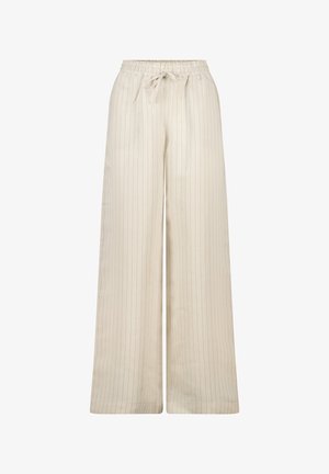 Beige wide-leg pants with a soft texture, featuring a striped pattern and an elastic waistband with a drawstring closure.