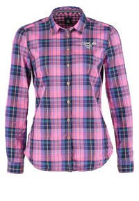Chemise à manches longues à carreaux roses et violets, boutonnée avec col et logo brodé "Black Ice Gasstra" sur la poitrine.