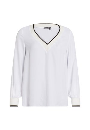 White long-sleeve blouse with V-neckline trimmed in black, matching cuffs, and a relaxed fit.