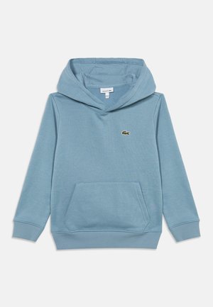 Sweat à capuche bleu clair avec poche avant et petit logo crocodile vert sur la poitrine, posé à plat sur un fond blanc.