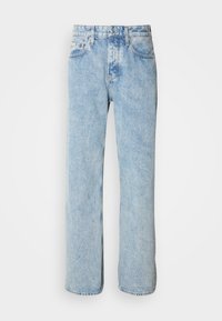 Light blue denim jeans featuring a straight cut, five-pocket design, and visible stitching. Classic waistband with button closure.