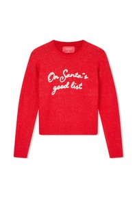 Czerwony sweter dziany z okrągłym dekoltem, ozdobiony białym haftem z napisem "Na dobrej liście Świętego Mikołaja". Ściągacze przy mankietach i u dołu.