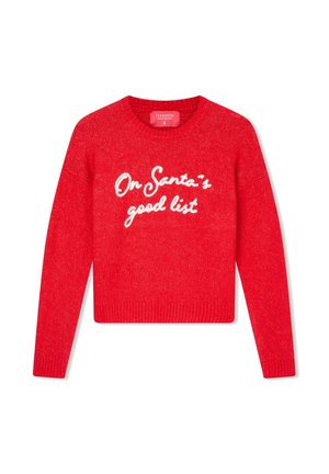 Maglione rosso lavorato a maglia con scollatura rotonda, con testo ricamato bianco che recita "Nella lista dei buoni di Babbo Natale". Polsini e orlo a coste.