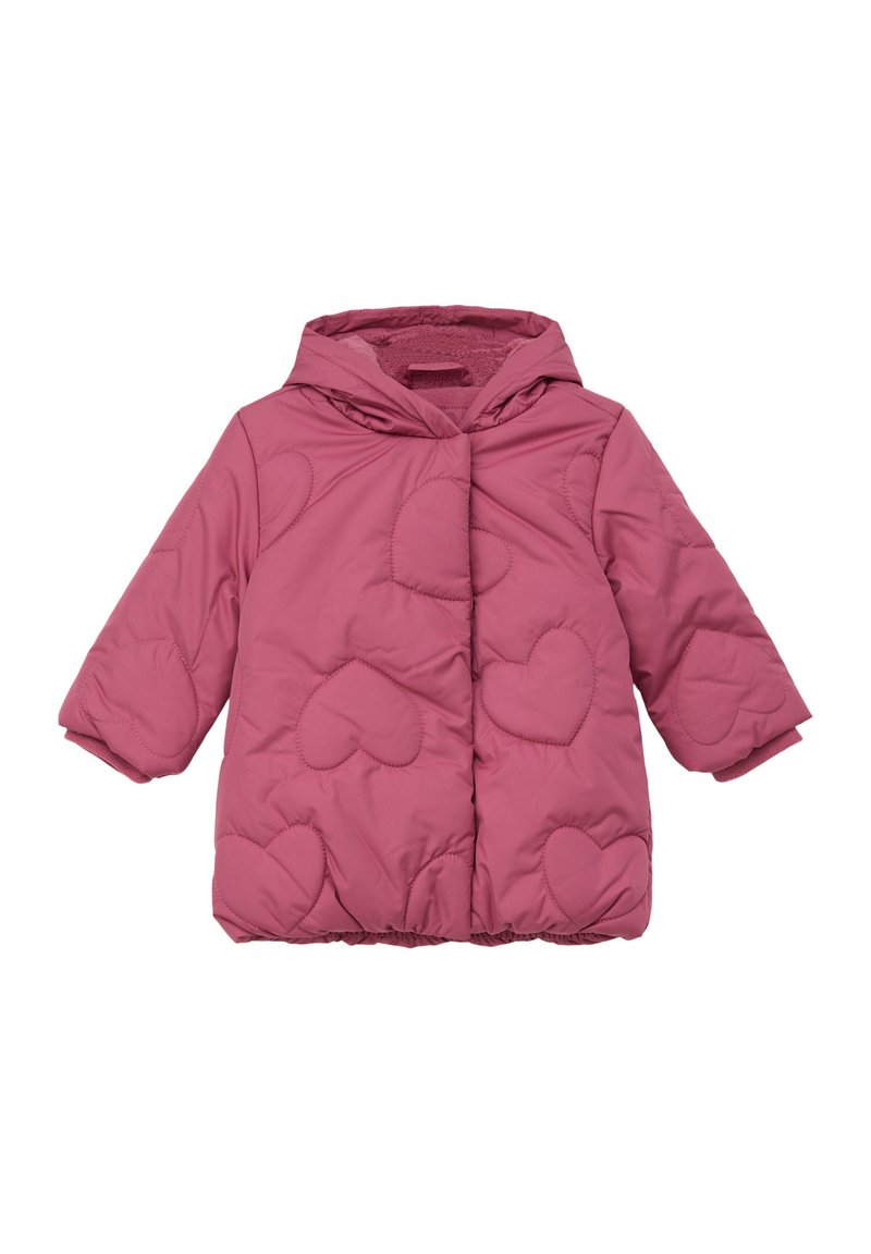 Roze gewatteerde jas met capuchon, voorzien van hartvormige stiksels, elastische manchetten en een knoopsluiting. Zachte textuur, lichtgewicht en warm ontwerp.