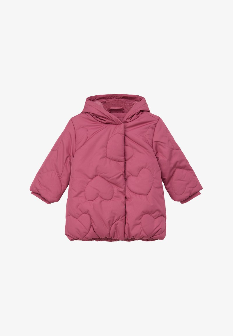 Roze gewatteerde jas met capuchon, voorzien van hartvormige stiksels, elastische manchetten en een knoopsluiting. Zachte textuur, lichtgewicht en warm ontwerp.