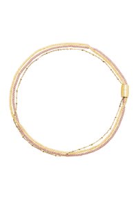 Multefarvet perlekæde med bløde rosa, blege gule og gyldne kæder. Glatte runde perler er sammenflettet med fine led.