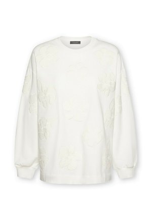 Felpa bianca a maniche lunghe con sottili motivi floreali ricamati in rilievo sul davanti e sulle maniche, con scollo rotondo.