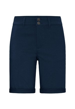 Voštane mornarsko plave hlače do koljena s podvrnutim rubovima, prednjim zatvaračem na gumbe, petljama za remen i prošivenim detaljem.