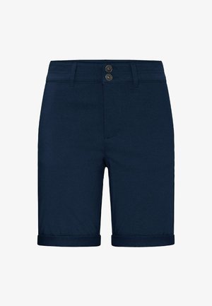 Marineblauwe knie-lange shorts met opgerolde zoom, knoopsluiting aan de voorkant, lussen voor riem en gestikte details.