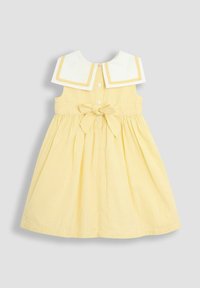 Gelbes gestreiftes Kleid mit weißem Kragen und gelben Details, vorderen Knöpfen und einer gebundenen Taillenpartie. Ausgestellter Rockdesign.