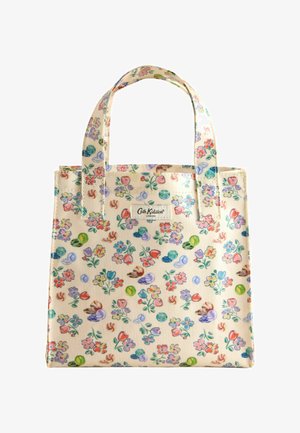 Borsa a tracolla floreale in tela, con sfondo crema decorato con fiori e foglie multicolori, doppi manici e etichetta del marchio.