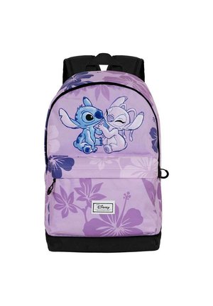 Sac à dos violet avec un motif floral, mettant en avant les personnages de dessin animé Stitch et Lilo, fond noir, anse supérieure et bretelles ajustables.