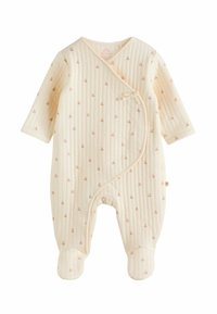 Quiltet baby heldragt i cremefarvet med pink kirsebærmønster, med lange ærmer, indpakningsdesign og lukkede fødder. Blødt, tekstureret stof.