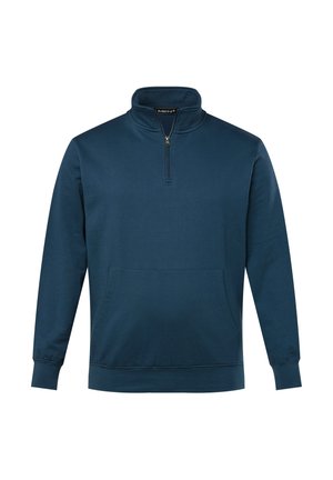 Navyblaues Fleece-Pullover mit einem Viertelreißverschluss, langen Ärmeln, gerippten Bündchen und einer vorderen Kängurutasche. Glatte Textur, lässiges Design.