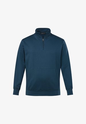 Granatowy polarowy sweter z ćwierć zamkiem, długimi rękawami, ściągaczami oraz przednią kieszenią kangurką. Gładka faktura, casualowy design.