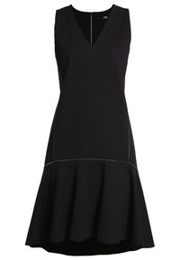 Vestido negro sin mangas con escote en V, dobladillo acampanado y costuras en contraste. Confeccionado en una tela suave, presenta un cierre de cremallera en la parte posterior.