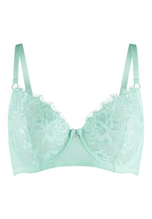 Mintgrøn bh med blondeoverlay og bølgede kanter, med underwirekopper, satinbånd og et centralt dekorativt vedhæng.