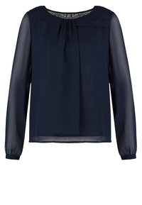 Marinebluse mit rundem Ausschnitt, transparenten langen Ärmeln und einem dezenten Faltenwurf an der Vorderseite. Leichter Stoff mit glatter Textur.