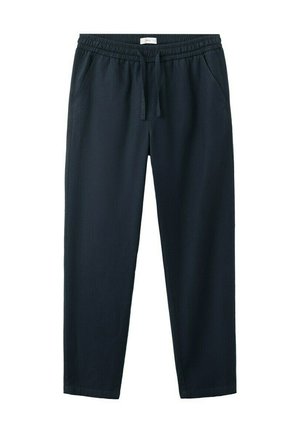 Pantalones casuales negros con cintura elástica, cordón y bolsillos laterales, mostrados planos sobre un fondo blanco.