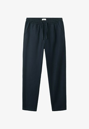 Pantalon décontracté noir avec taille élastique, cordon de serrage et poches latérales, présenté à plat sur un fond blanc.