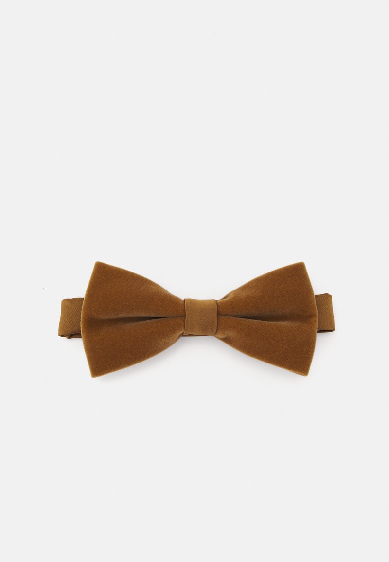 Brown velvet bow tie with a smooth texture. Features a central knot and adjustable band for a secure fit. Classic bow shape.