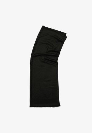 Sciarpa rettangolare nera realizzata in un materiale liscio, con un sottile motivo geometrico e bordi sfrangiati, che presenta il testo "NEW YORK" a un'estremità.
